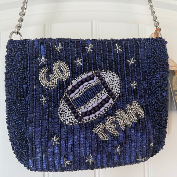 Brand New With Tags! GO TEAM! Football 🏈 Beaded Shoulder Bag Navy/ Silver - Picture 1 of 1